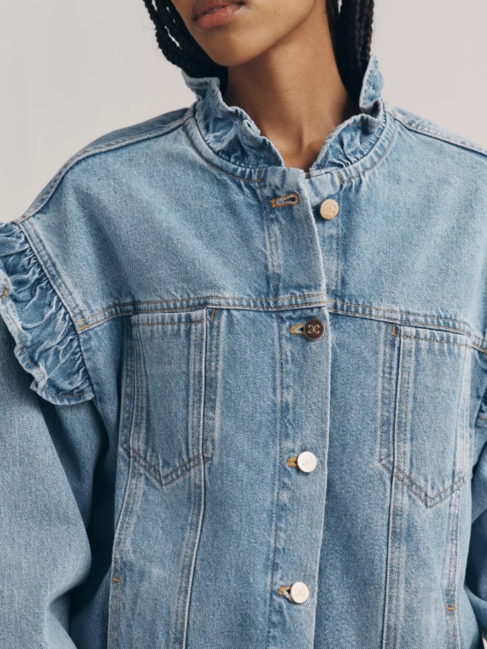 Anthropologie Maeve Denim Ruffle Trucker Jacket OVERSIZED FIT size M nwt - Picture 4 of 4